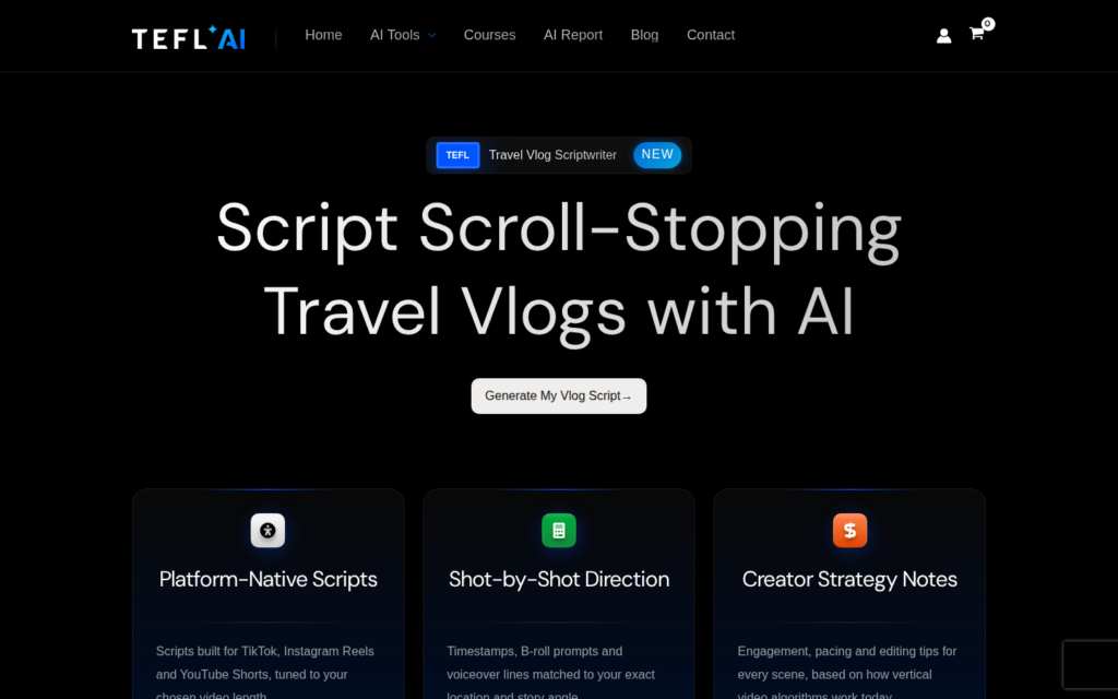 AI travel vlog scriptwriter free tool on tefl.ai