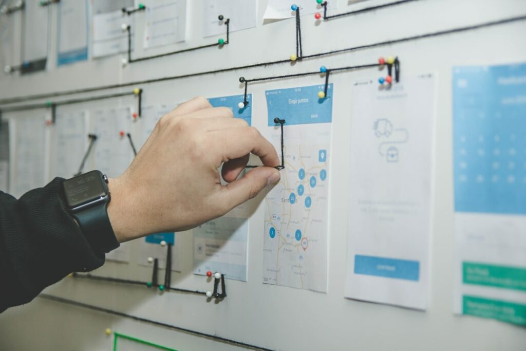 Teacher planning a course backwards on a board from learning outcome to lesson activities