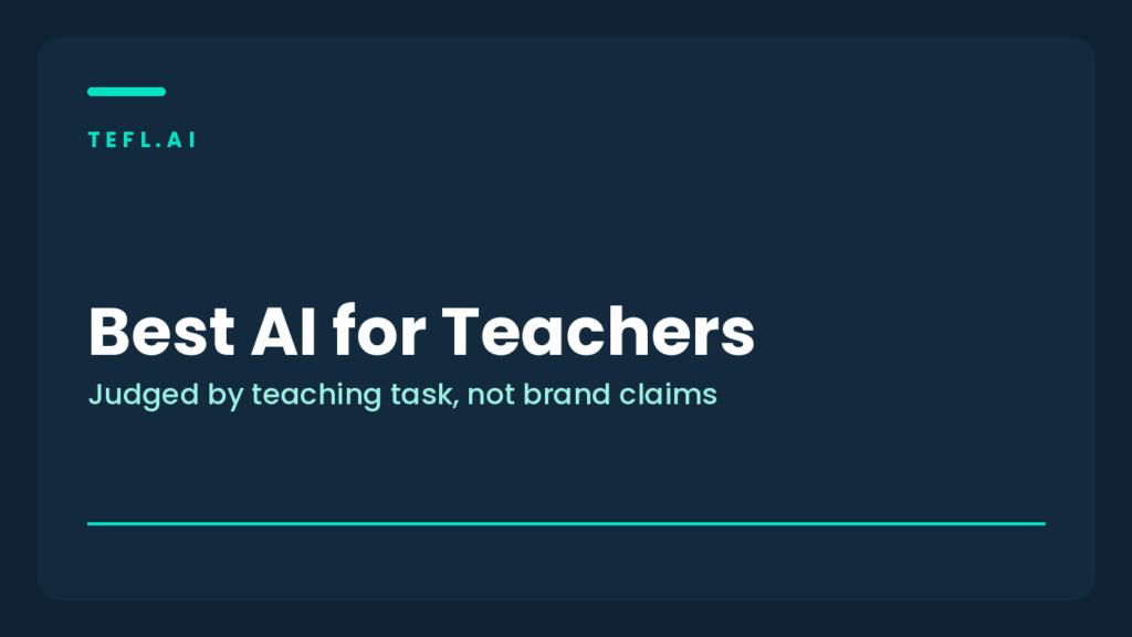 Branded tefl.ai card for the best AI for teachers guide judged by English teaching task