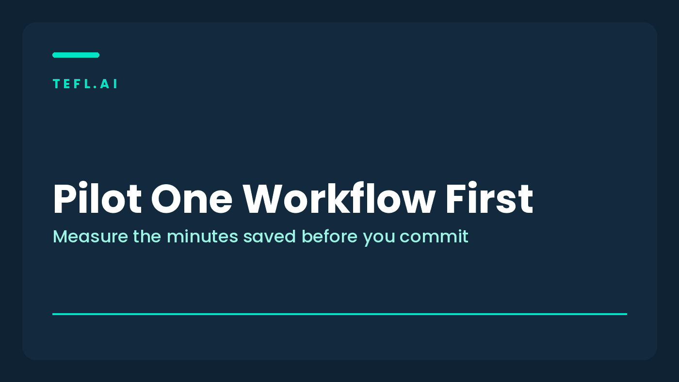 Card advising teachers to pilot one AI workflow and measure the preparation time actually saved