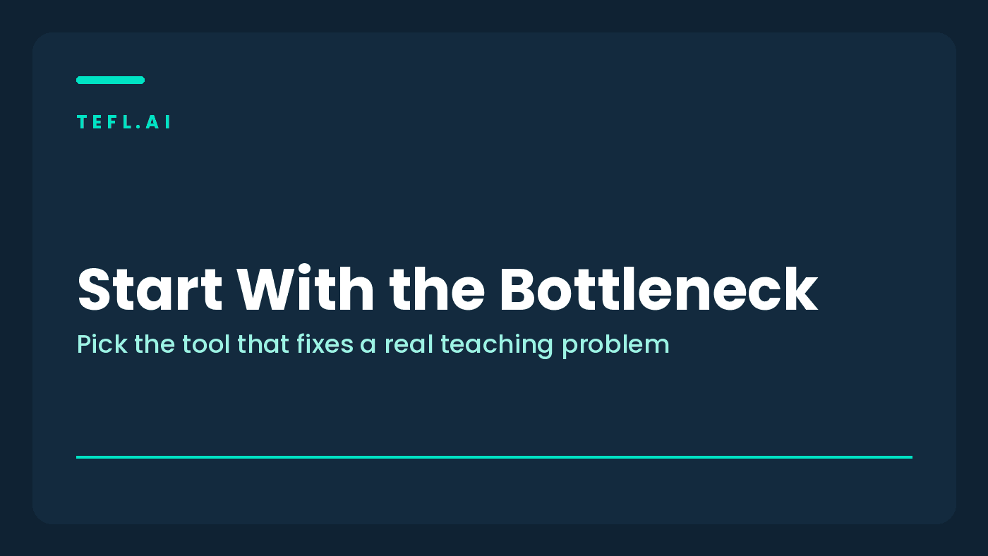 Branded tefl.ai card introducing how to choose the best AI for teachers by teaching task