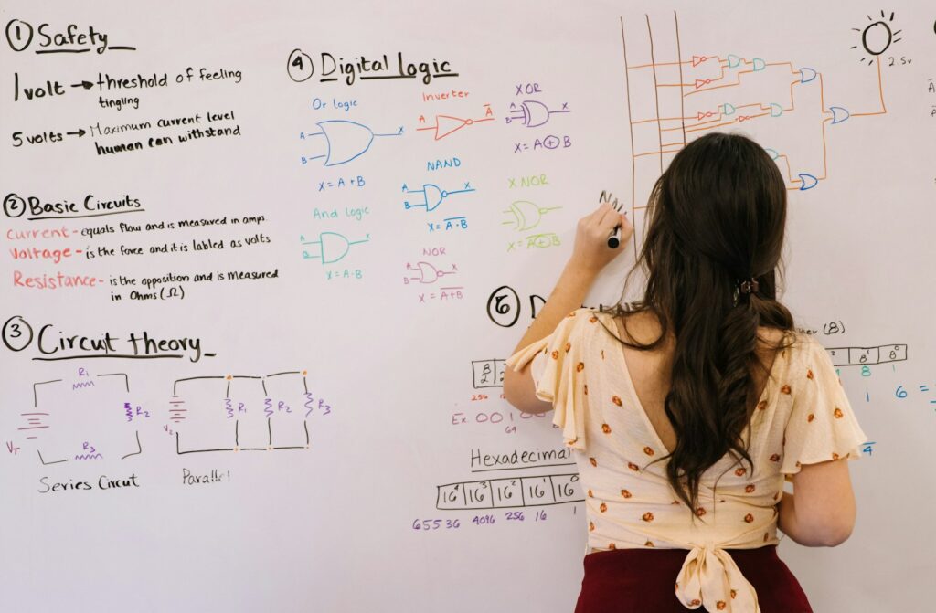 English teacher writing past simple verb forms and -ed endings on a classroom whiteboard