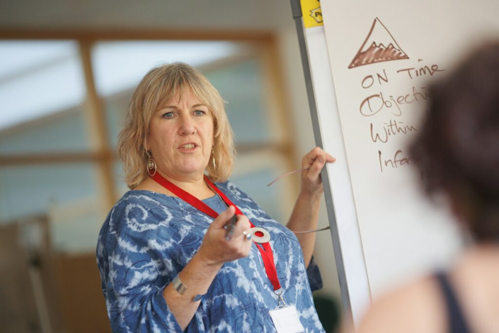 Teacher explaining the past continuous tense at a whiteboard in an adult English language class
